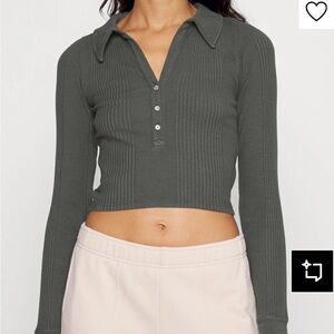 Aerie Green Collared Long Sleeve Crop Top